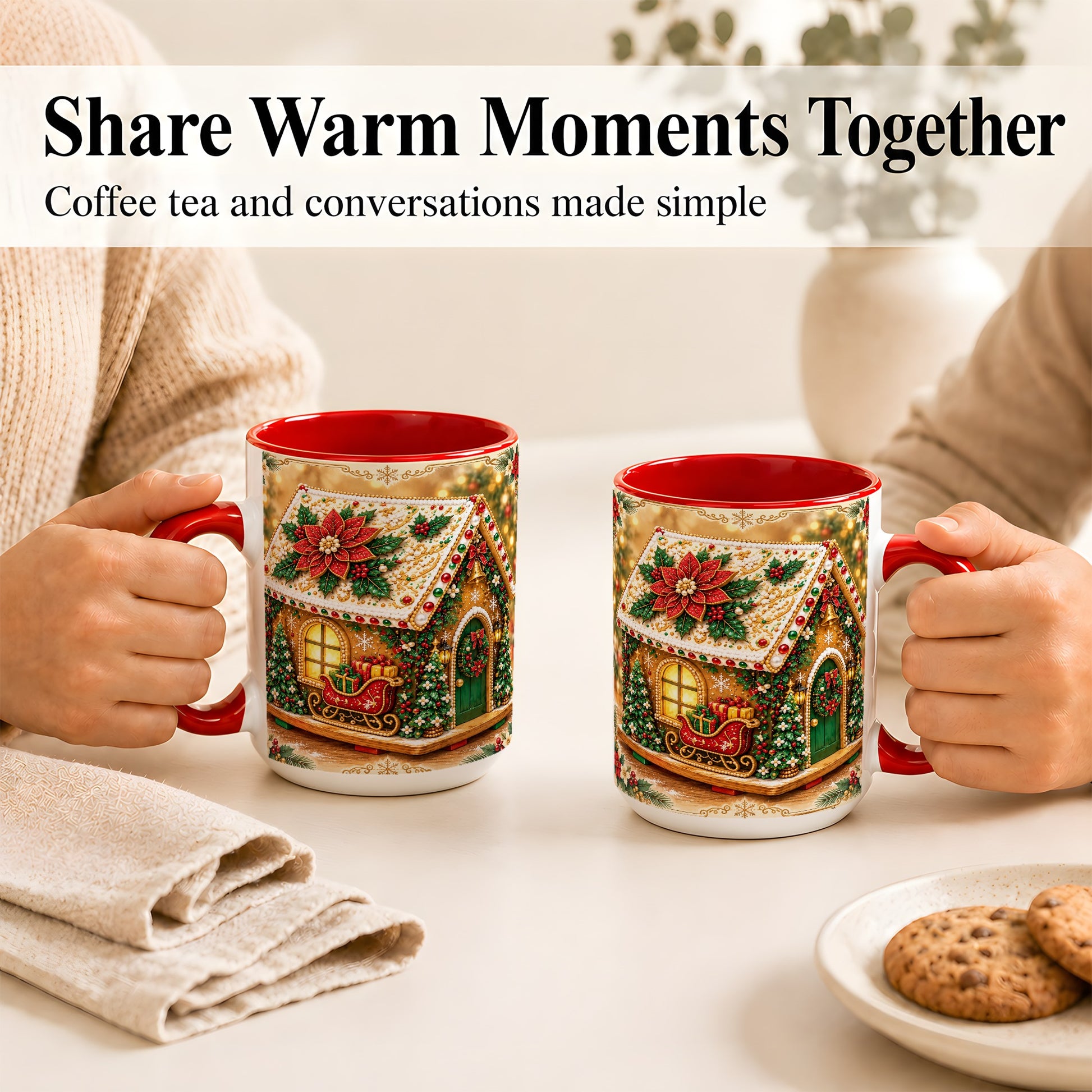 #pl[15oz|Red] Christmas Gingerbread Coffee Mug, Poinsettia House Mug, Ceramic Cup