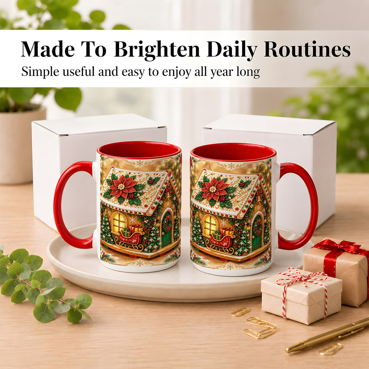 #pl[15oz|Red] Christmas Gingerbread Coffee Mug, Poinsettia House Mug, Ceramic Cup