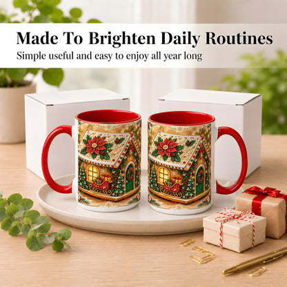 #pl[15oz|Red] Christmas Gingerbread Coffee Mug, Poinsettia House Mug, Ceramic Cup