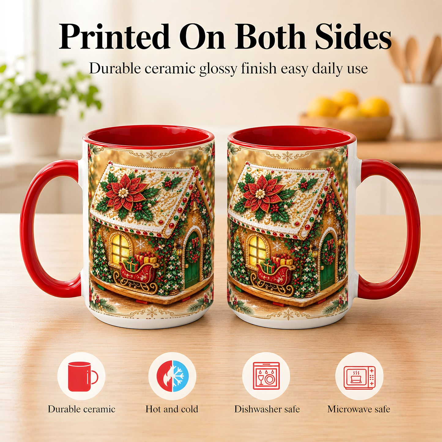 #pl[15oz|Red] Christmas Gingerbread Coffee Mug, Poinsettia House Mug, Ceramic Cup