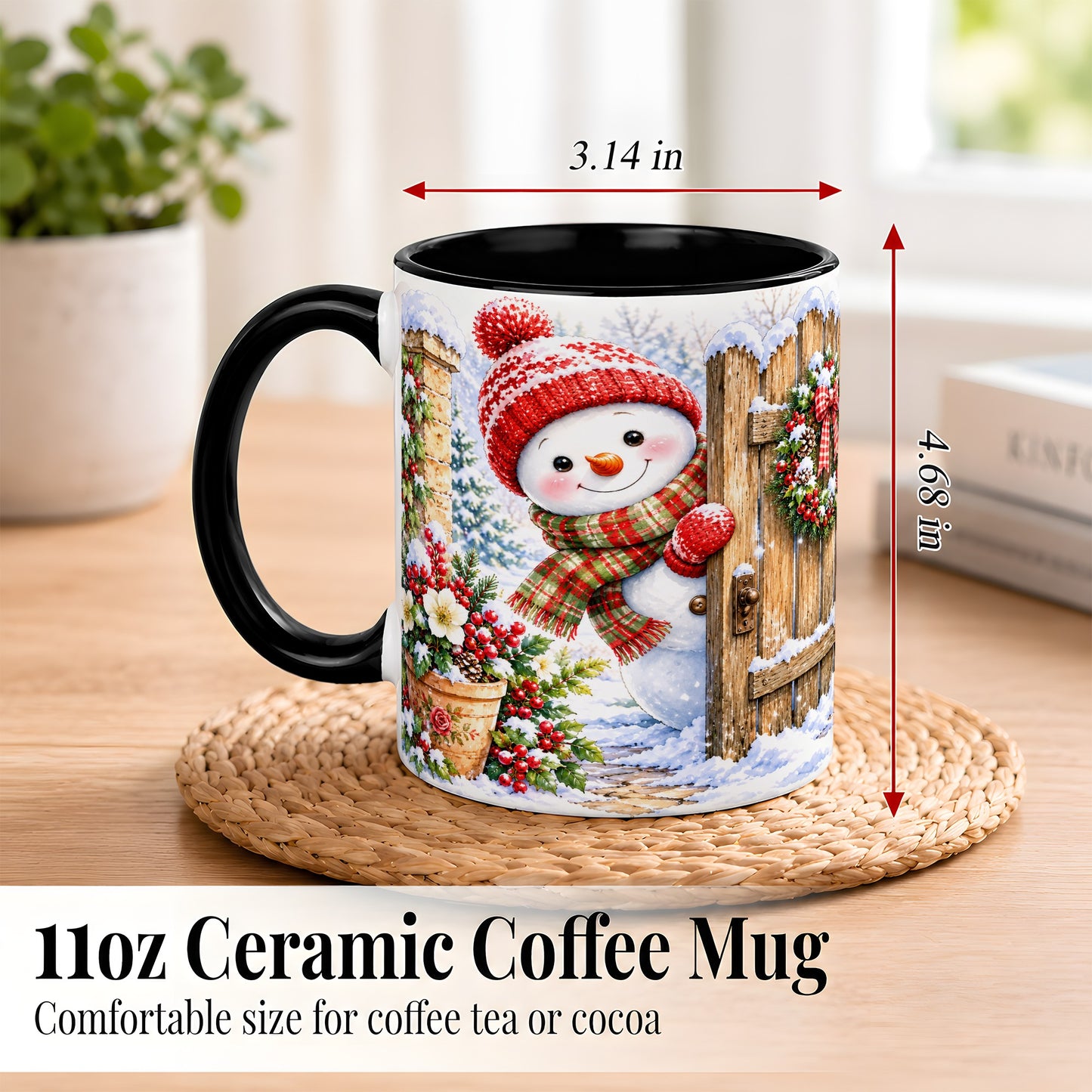 #pl[11oz|Black] Snowman Christmas Coffee Mug, Winter Garden Mug, Ceramic Cup