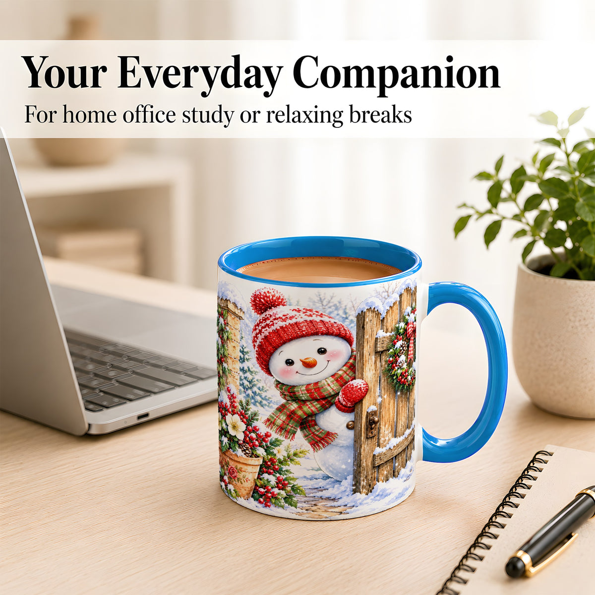 #pl[11oz|Blue] Snowman Christmas Coffee Mug, Winter Garden Mug, Ceramic Cup