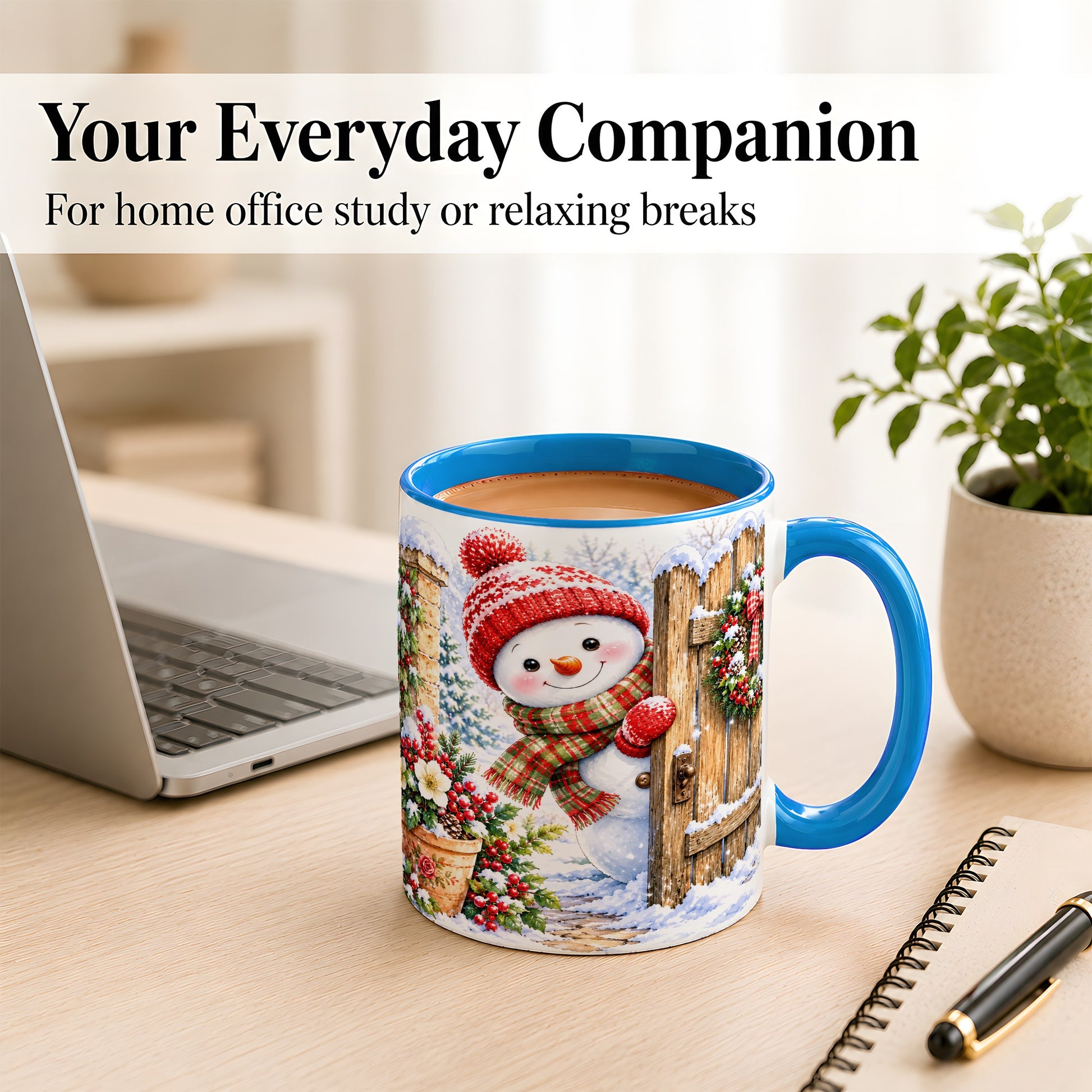#pl[11oz|Blue] Snowman Christmas Coffee Mug, Winter Garden Mug, Ceramic Cup