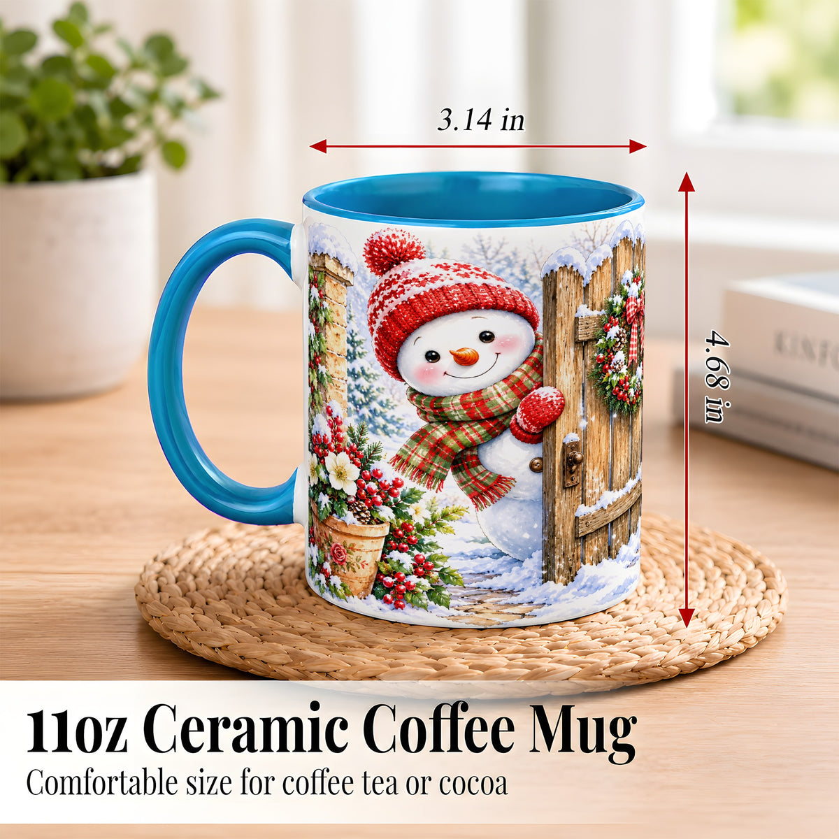 #pl[11oz|Blue] Snowman Christmas Coffee Mug, Winter Garden Mug, Ceramic Cup