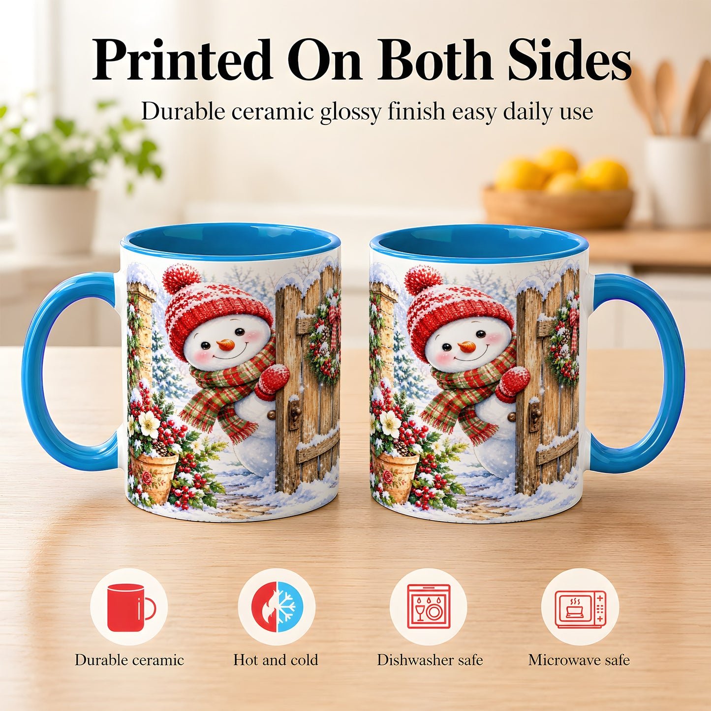 #pl[11oz|Blue] Snowman Christmas Coffee Mug, Winter Garden Mug, Ceramic Cup
