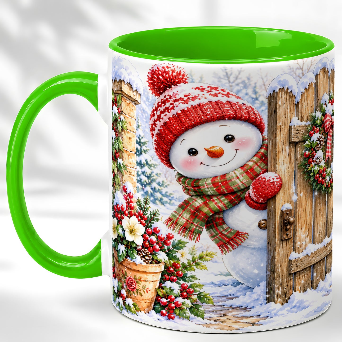 #pl[11oz|Green] Snowman Christmas Coffee Mug, Winter Garden Mug, Ceramic Cup
