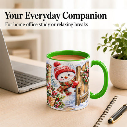 #pl[11oz|Green] Snowman Christmas Coffee Mug, Winter Garden Mug, Ceramic Cup