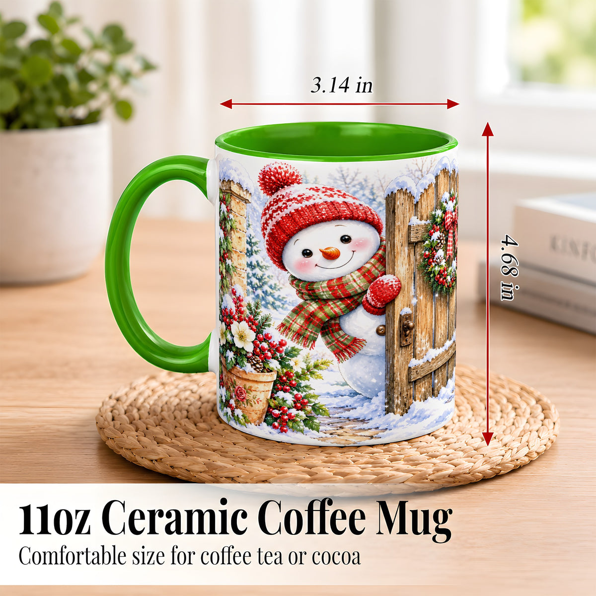 #pl[11oz|Green] Snowman Christmas Coffee Mug, Winter Garden Mug, Ceramic Cup