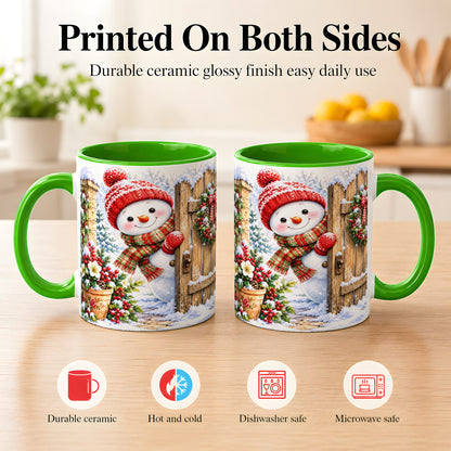 #pl[11oz|Green] Snowman Christmas Coffee Mug, Winter Garden Mug, Ceramic Cup
