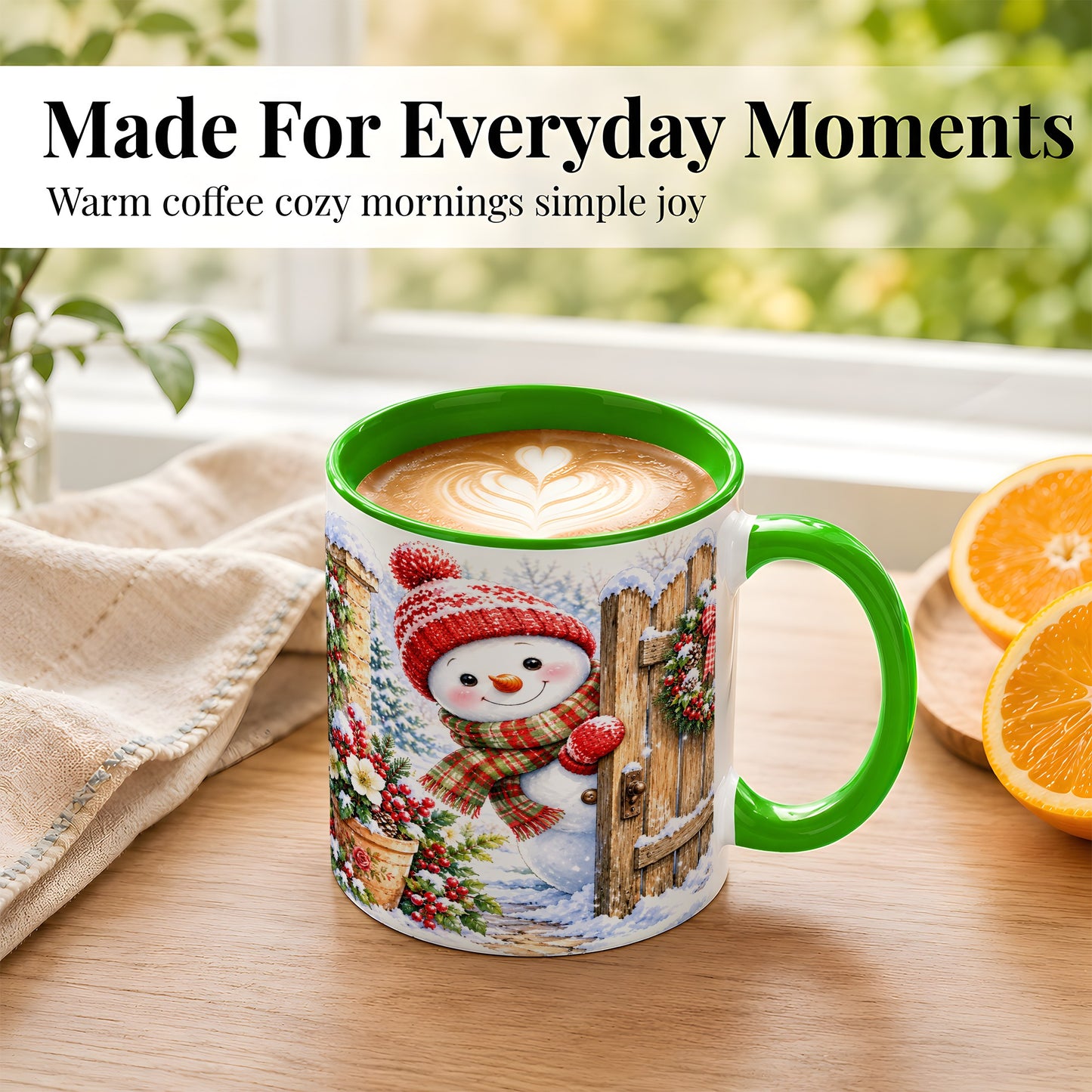 #pl[11oz|Green] Snowman Christmas Coffee Mug, Winter Garden Mug, Ceramic Cup