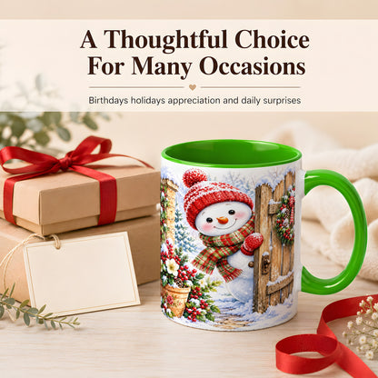 #pl[11oz|Green] Snowman Christmas Coffee Mug, Winter Garden Mug, Ceramic Cup