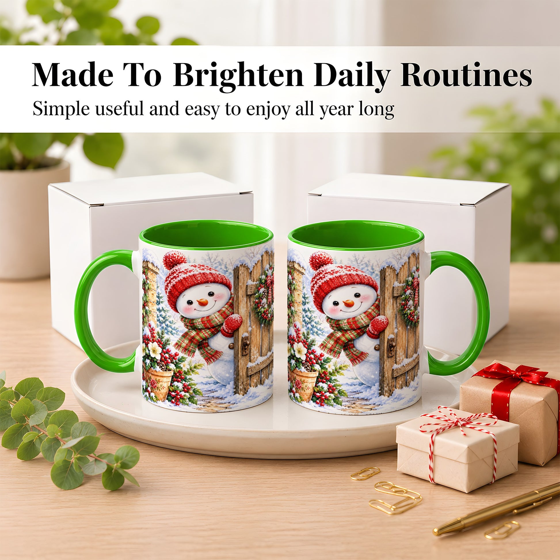 #pl[11oz|Green] Snowman Christmas Coffee Mug, Winter Garden Mug, Ceramic Cup