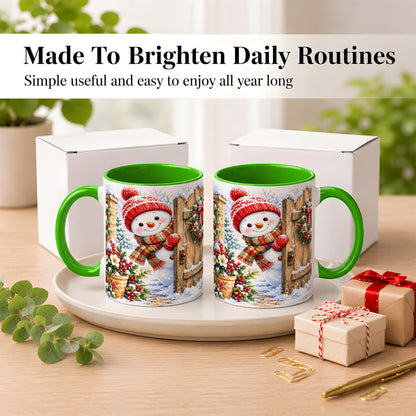 #pl[11oz|Green] Snowman Christmas Coffee Mug, Winter Garden Mug, Ceramic Cup