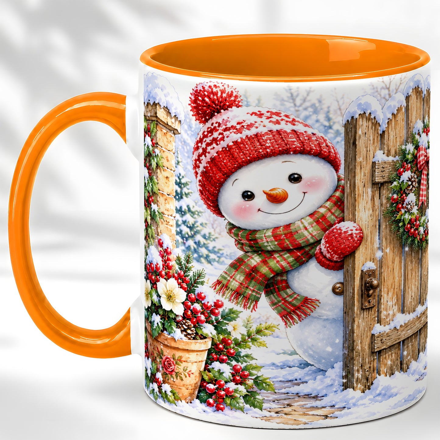 #pl[11oz|Orange] Snowman Christmas Coffee Mug, Winter Garden Mug, Ceramic Cup
