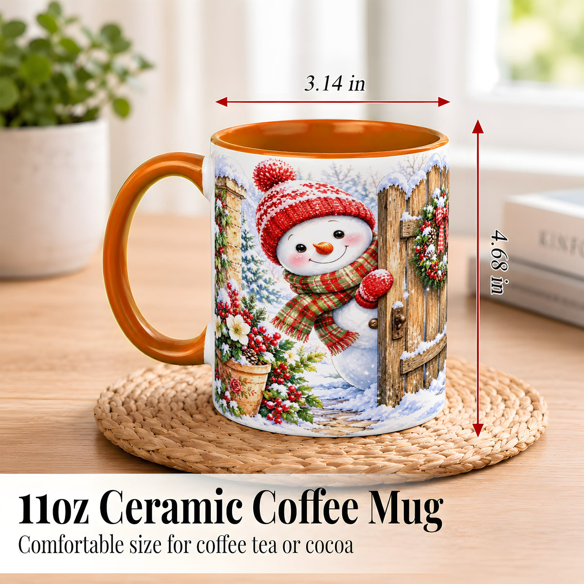 #pl[11oz|Orange] Snowman Christmas Coffee Mug, Winter Garden Mug, Ceramic Cup
