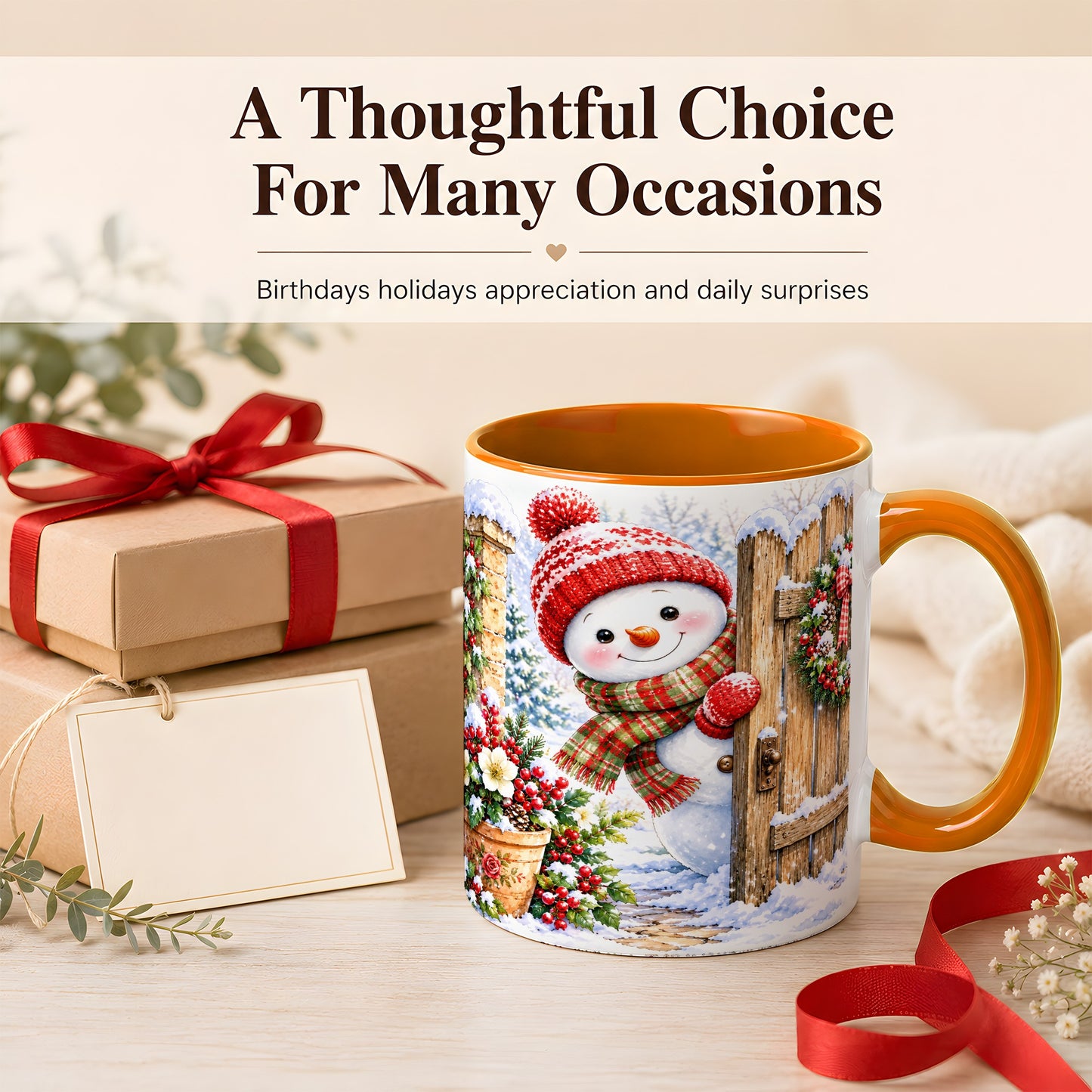 #pl[11oz|Orange] Snowman Christmas Coffee Mug, Winter Garden Mug, Ceramic Cup