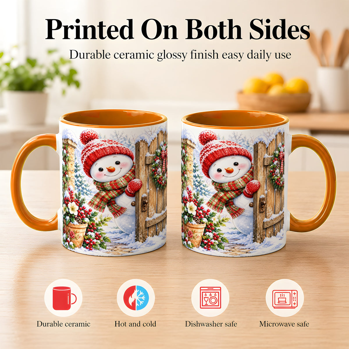 #pl[11oz|Orange] Snowman Christmas Coffee Mug, Winter Garden Mug, Ceramic Cup