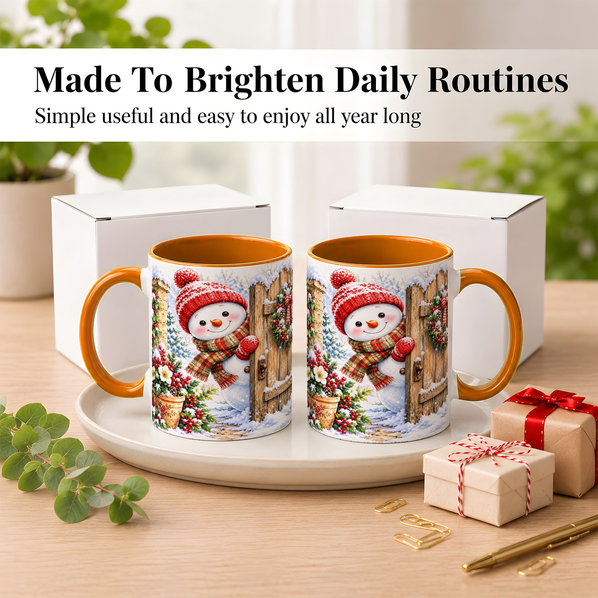 #pl[11oz|Orange] Snowman Christmas Coffee Mug, Winter Garden Mug, Ceramic Cup
