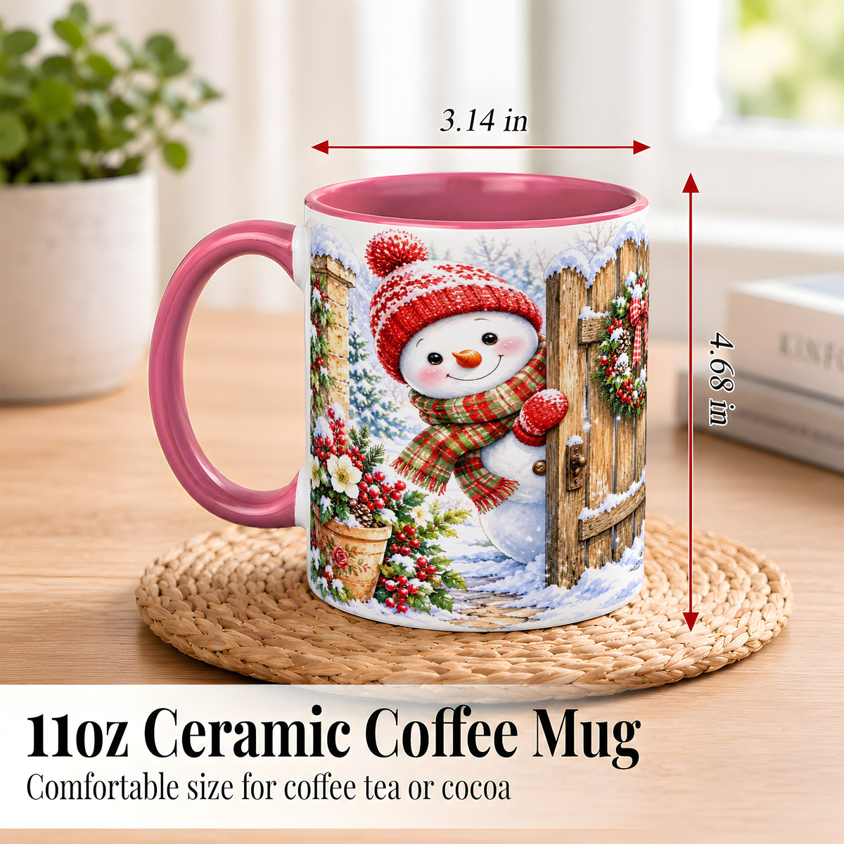 #pl[11oz|Pink] Snowman Christmas Coffee Mug, Winter Garden Mug, Ceramic Cup