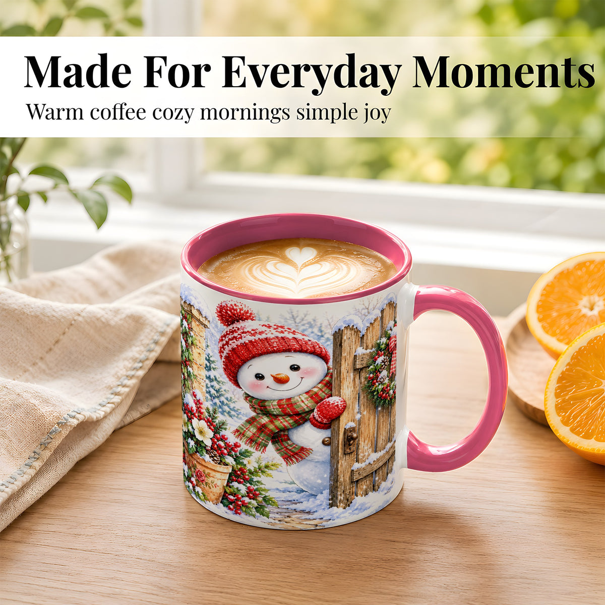 #pl[11oz|Pink] Snowman Christmas Coffee Mug, Winter Garden Mug, Ceramic Cup