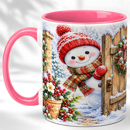 #pl[11oz|Pink] Snowman Christmas Coffee Mug, Winter Garden Mug, Ceramic Cup