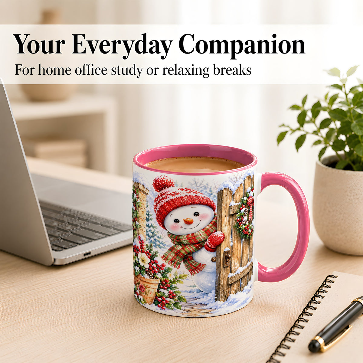 #pl[11oz|Pink] Snowman Christmas Coffee Mug, Winter Garden Mug, Ceramic Cup