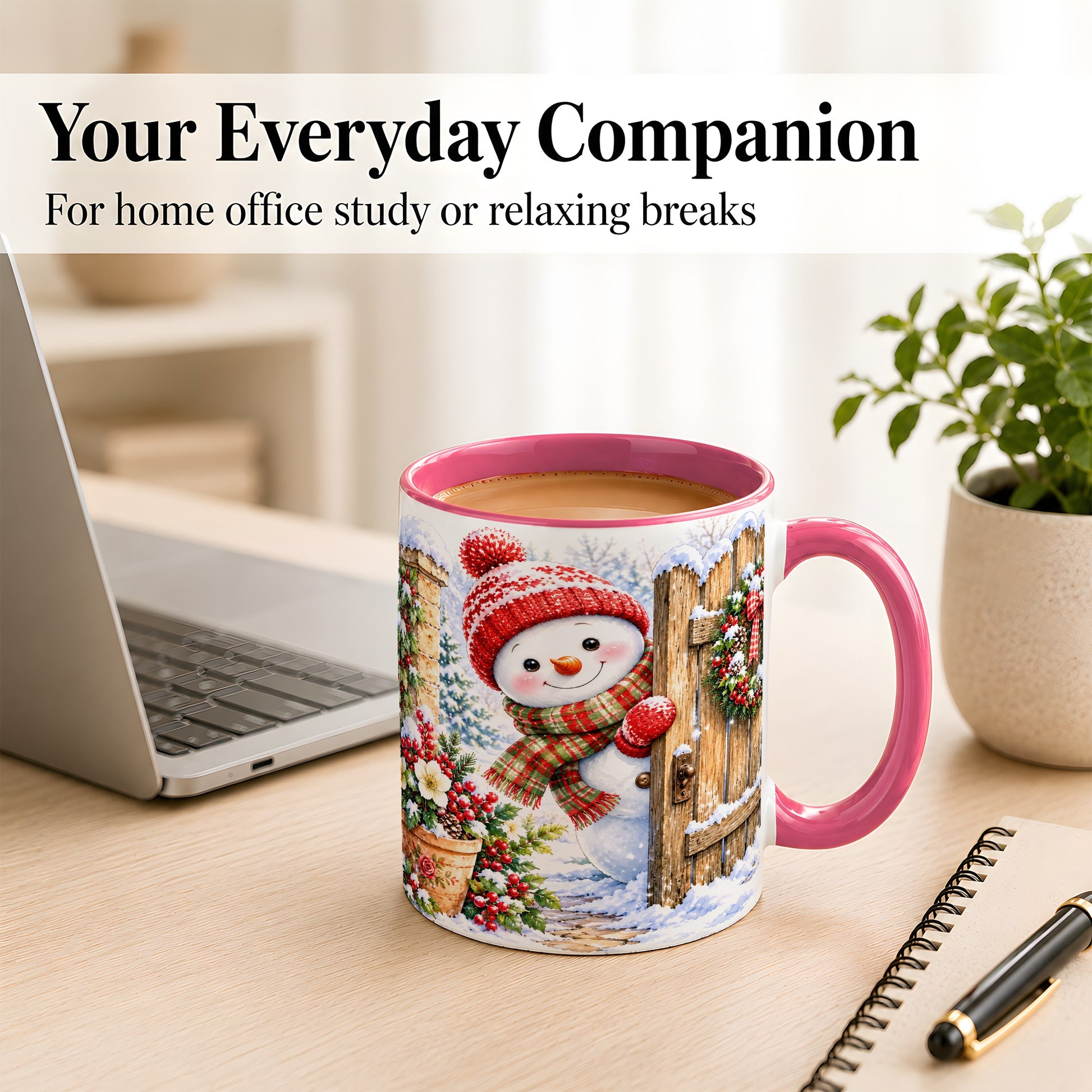 #pl[11oz|Pink] Snowman Christmas Coffee Mug, Winter Garden Mug, Ceramic Cup