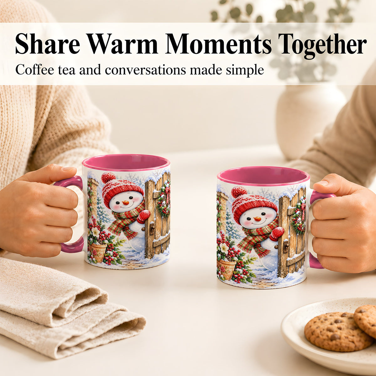 #pl[11oz|Pink] Snowman Christmas Coffee Mug, Winter Garden Mug, Ceramic Cup
