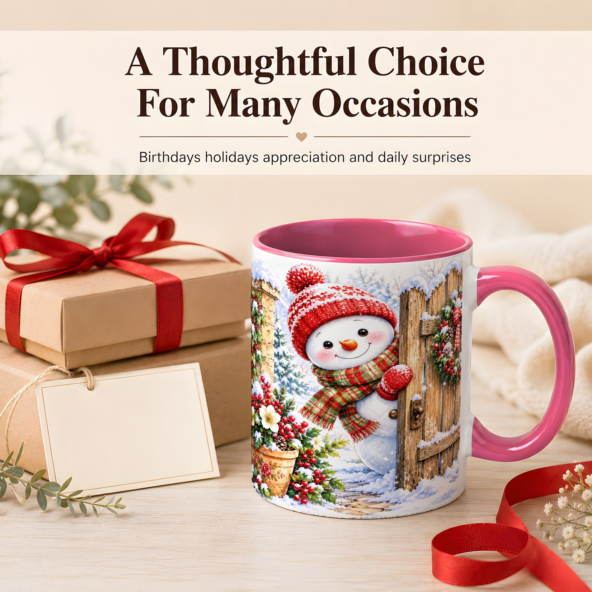 #pl[11oz|Pink] Snowman Christmas Coffee Mug, Winter Garden Mug, Ceramic Cup