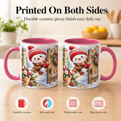 #pl[11oz|Pink] Snowman Christmas Coffee Mug, Winter Garden Mug, Ceramic Cup
