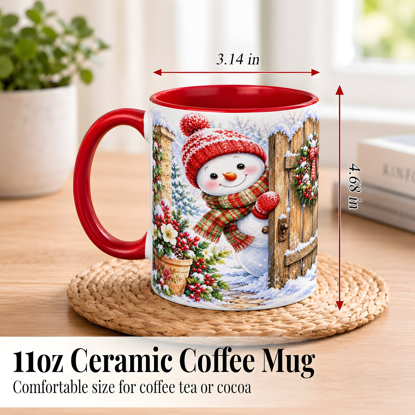 #pl[11oz|Red] Snowman Christmas Coffee Mug, Winter Garden Mug, Ceramic Cup