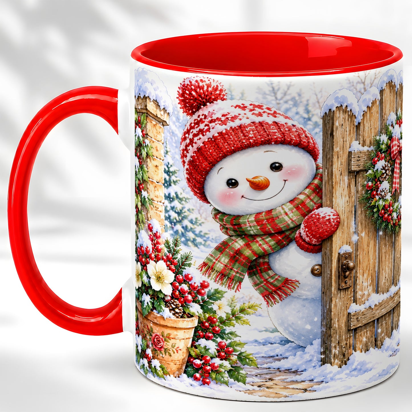 Snowman Christmas Coffee Mug, Winter Garden Mug, Ceramic Cup