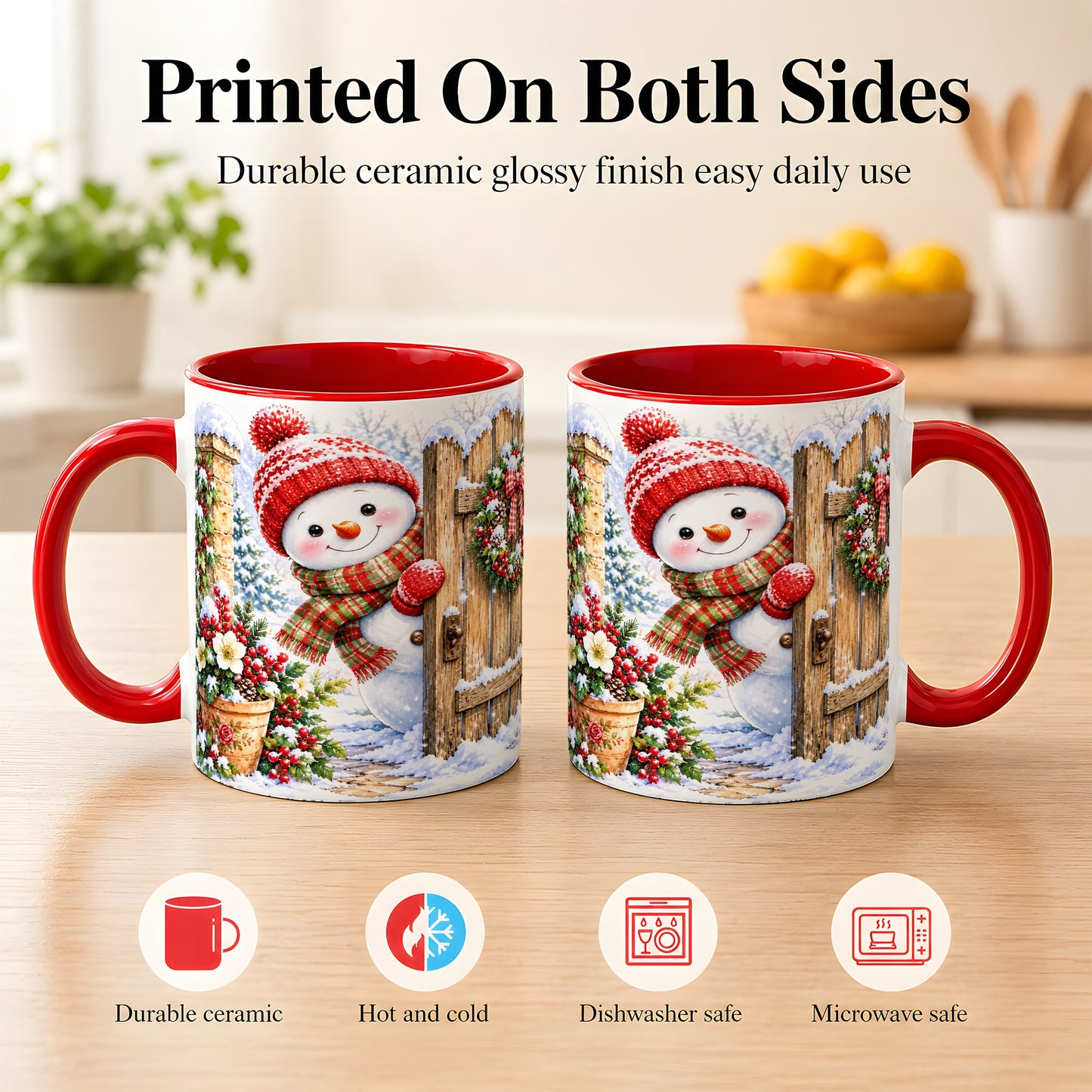 #pl[11oz|Red] Snowman Christmas Coffee Mug, Winter Garden Mug, Ceramic Cup