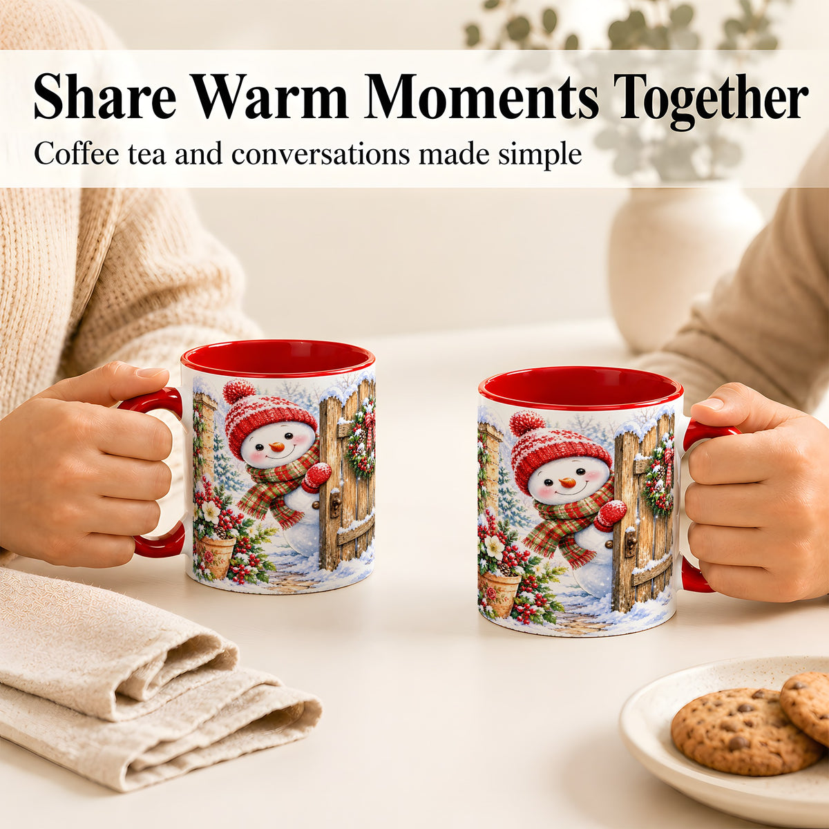 #pl[11oz|Red] Snowman Christmas Coffee Mug, Winter Garden Mug, Ceramic Cup