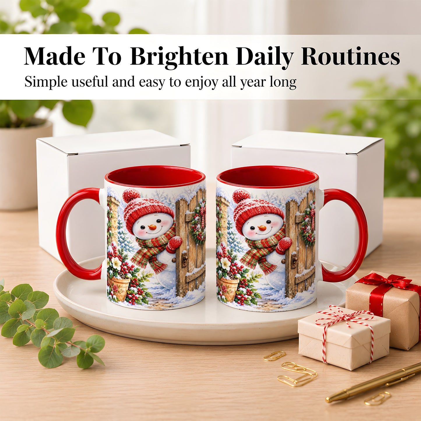 #pl[11oz|Red] Snowman Christmas Coffee Mug, Winter Garden Mug, Ceramic Cup