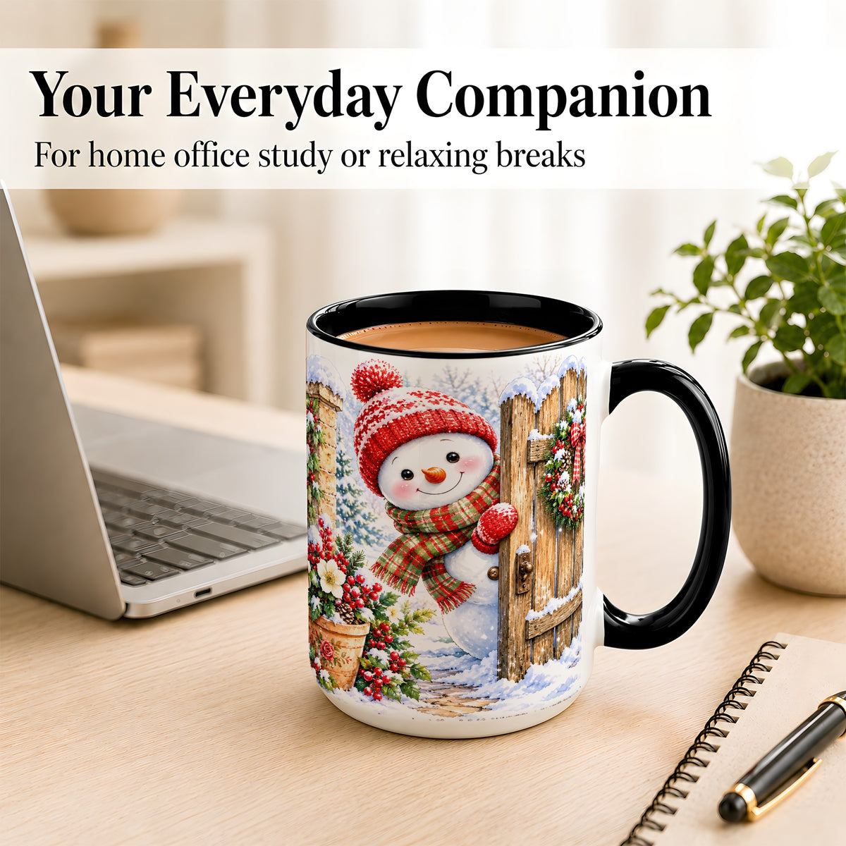 #pl[15oz|Black] Snowman Christmas Coffee Mug, Winter Garden Mug, Ceramic Cup
