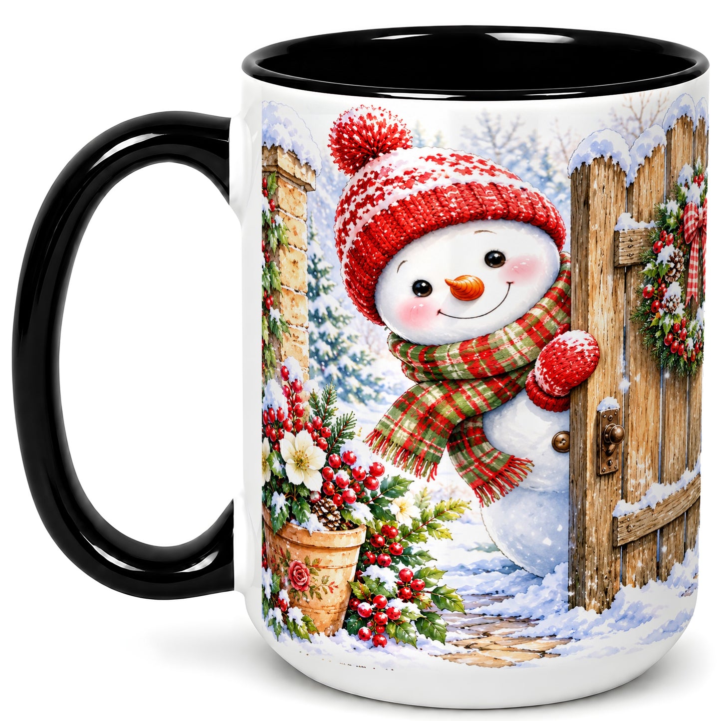 #pl[15oz|Black] Snowman Christmas Coffee Mug, Winter Garden Mug, Ceramic Cup