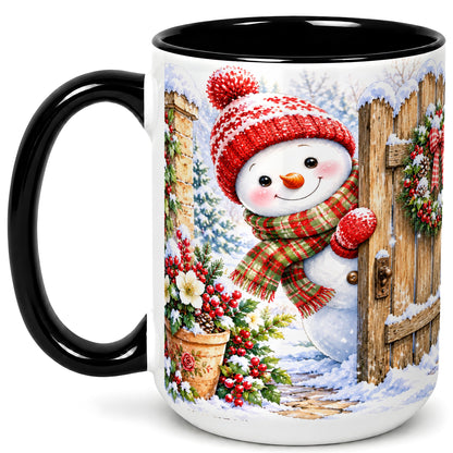 #pl[15oz|Black] Snowman Christmas Coffee Mug, Winter Garden Mug, Ceramic Cup