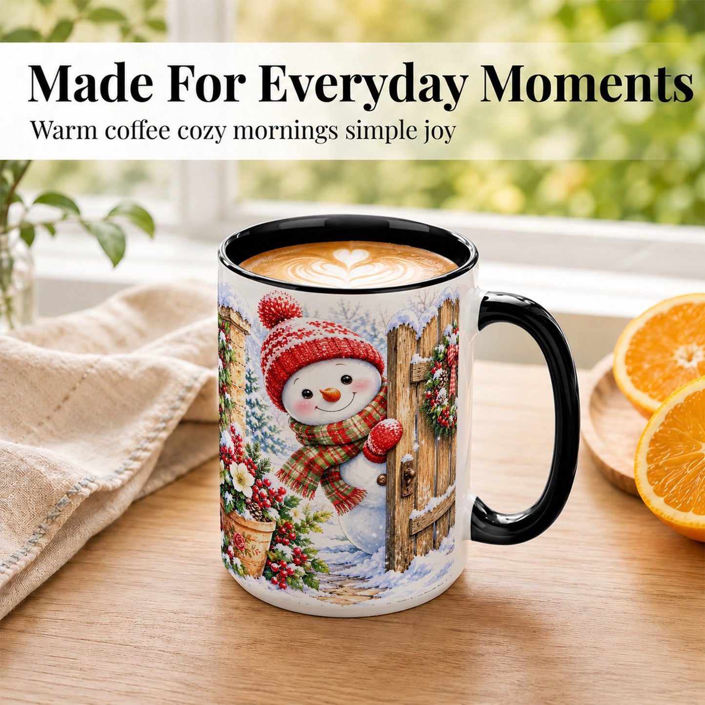 #pl[15oz|Black] Snowman Christmas Coffee Mug, Winter Garden Mug, Ceramic Cup