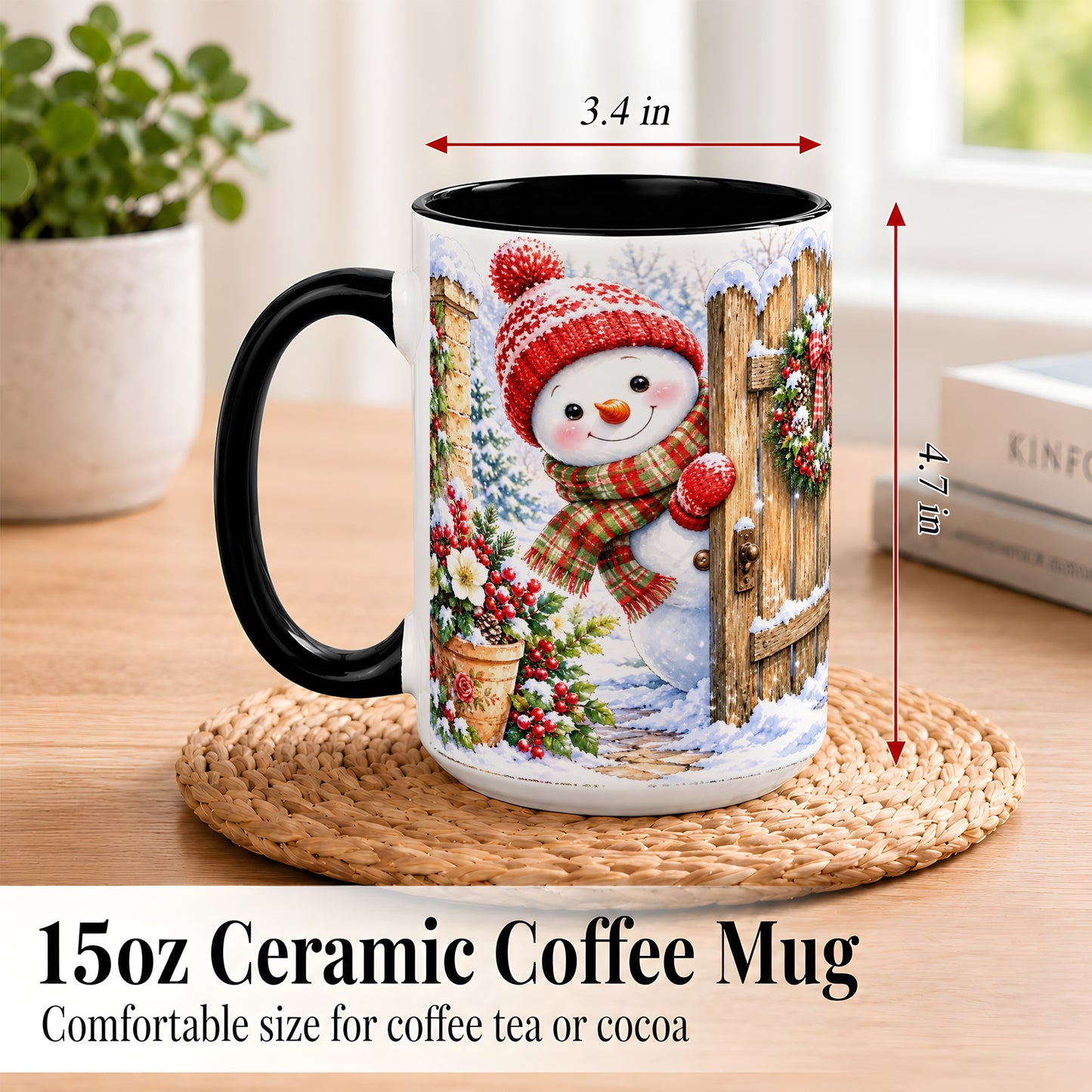 #pl[15oz|Black] Snowman Christmas Coffee Mug, Winter Garden Mug, Ceramic Cup