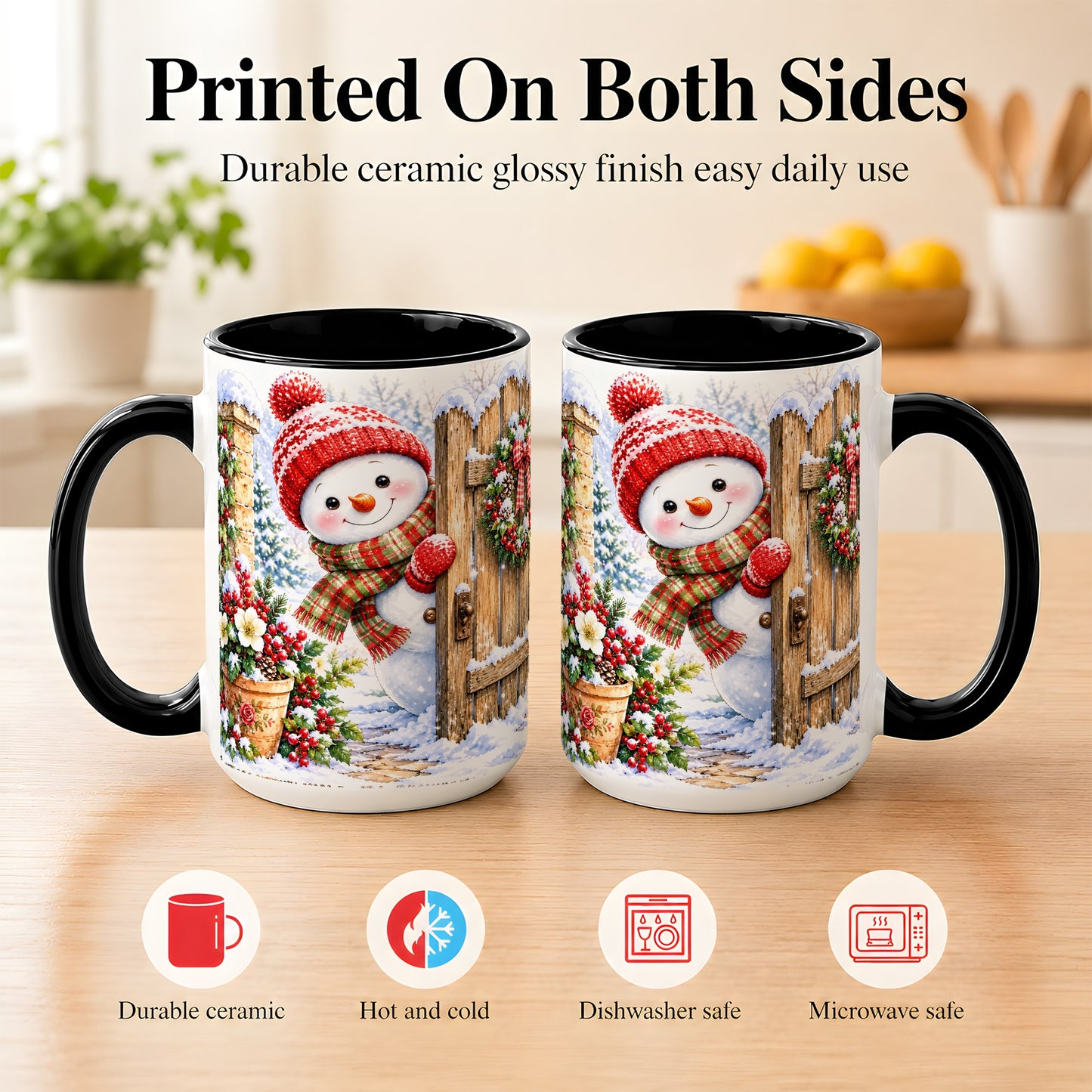 #pl[15oz|Black] Snowman Christmas Coffee Mug, Winter Garden Mug, Ceramic Cup