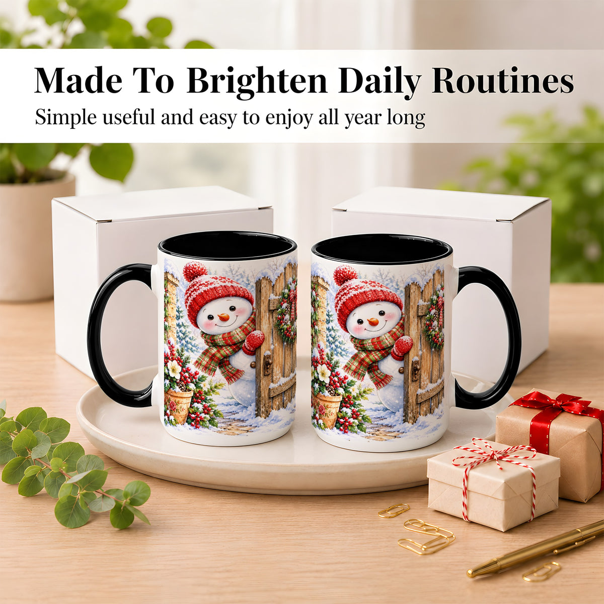 #pl[15oz|Black] Snowman Christmas Coffee Mug, Winter Garden Mug, Ceramic Cup