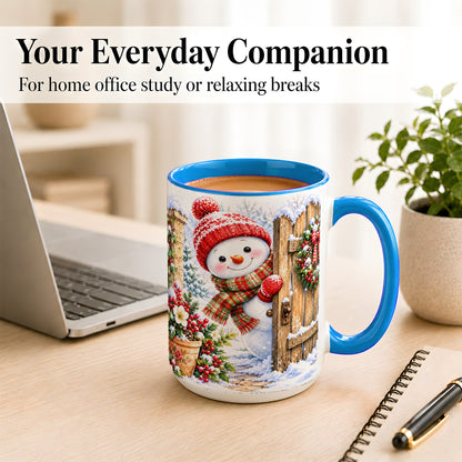 #pl[15oz|Blue] Snowman Christmas Coffee Mug, Winter Garden Mug, Ceramic Cup