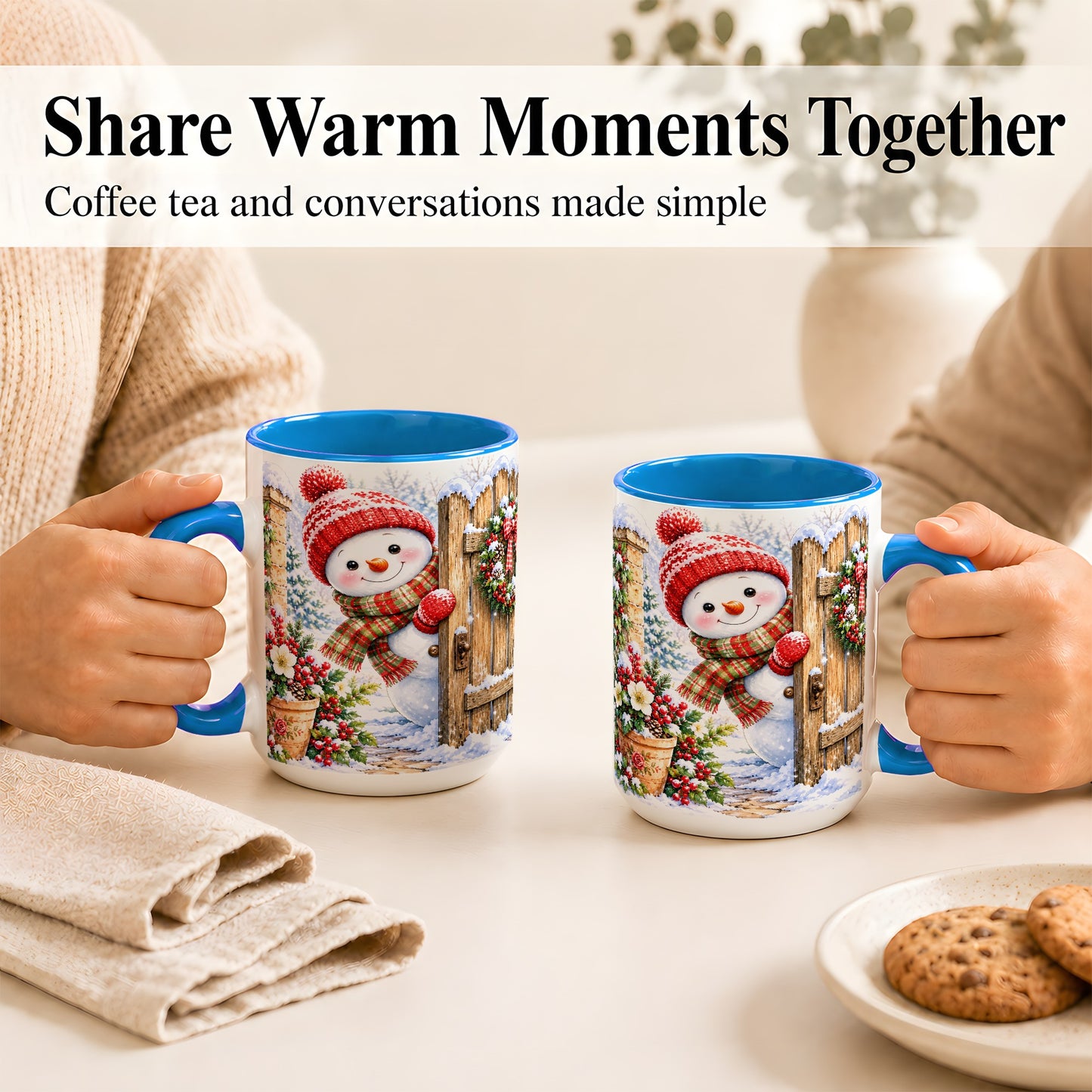 #pl[15oz|Blue] Snowman Christmas Coffee Mug, Winter Garden Mug, Ceramic Cup
