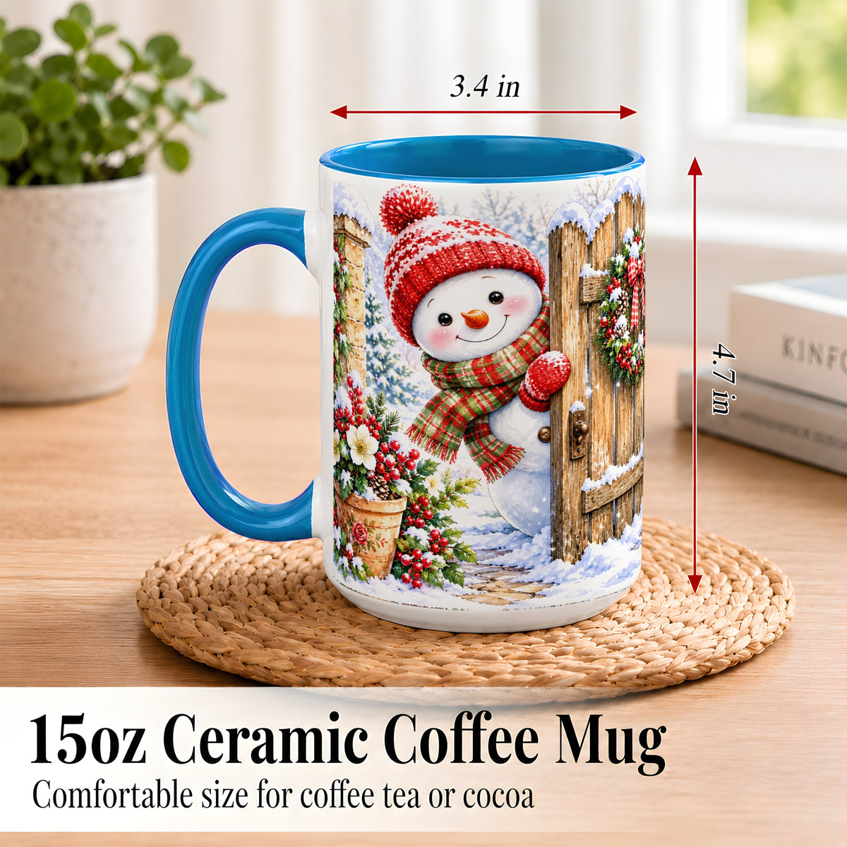 #pl[15oz|Blue] Snowman Christmas Coffee Mug, Winter Garden Mug, Ceramic Cup