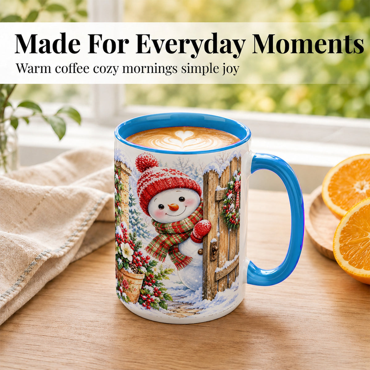 #pl[15oz|Blue] Snowman Christmas Coffee Mug, Winter Garden Mug, Ceramic Cup