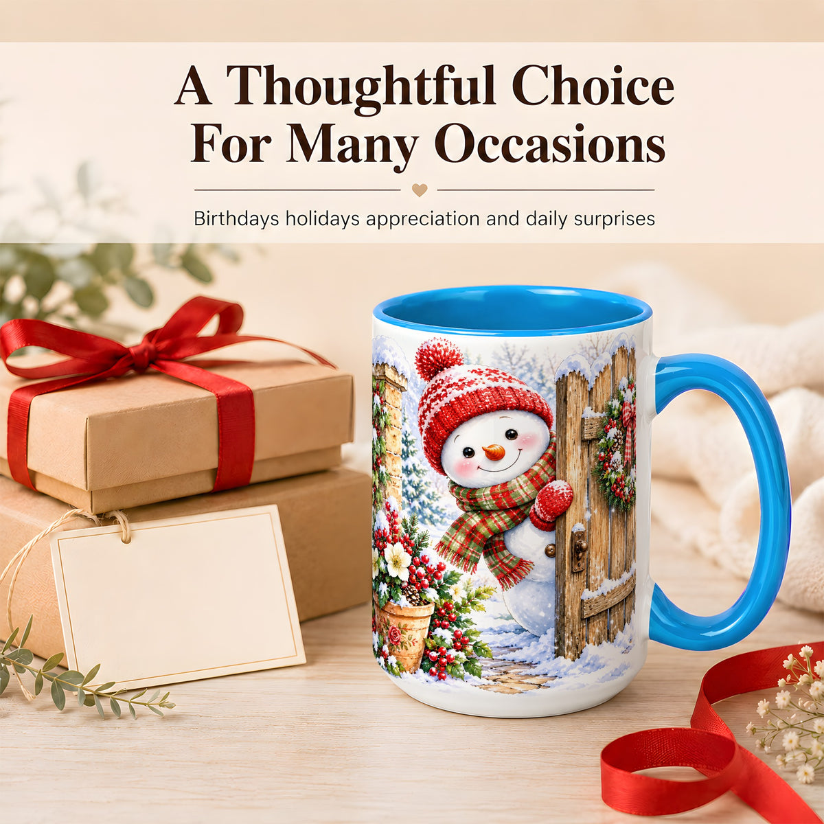 #pl[15oz|Blue] Snowman Christmas Coffee Mug, Winter Garden Mug, Ceramic Cup