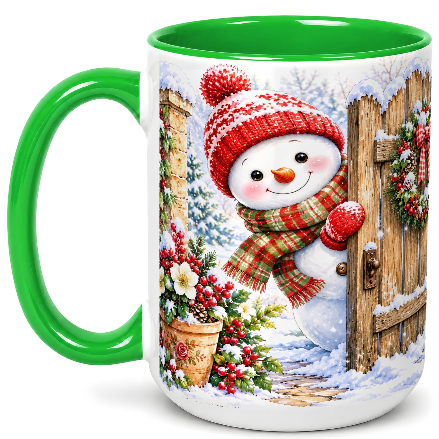 #pl[15oz|Green] Snowman Christmas Coffee Mug, Winter Garden Mug, Ceramic Cup