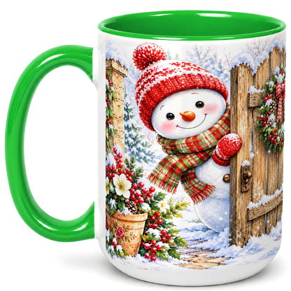 #pl[15oz|Green] Snowman Christmas Coffee Mug, Winter Garden Mug, Ceramic Cup