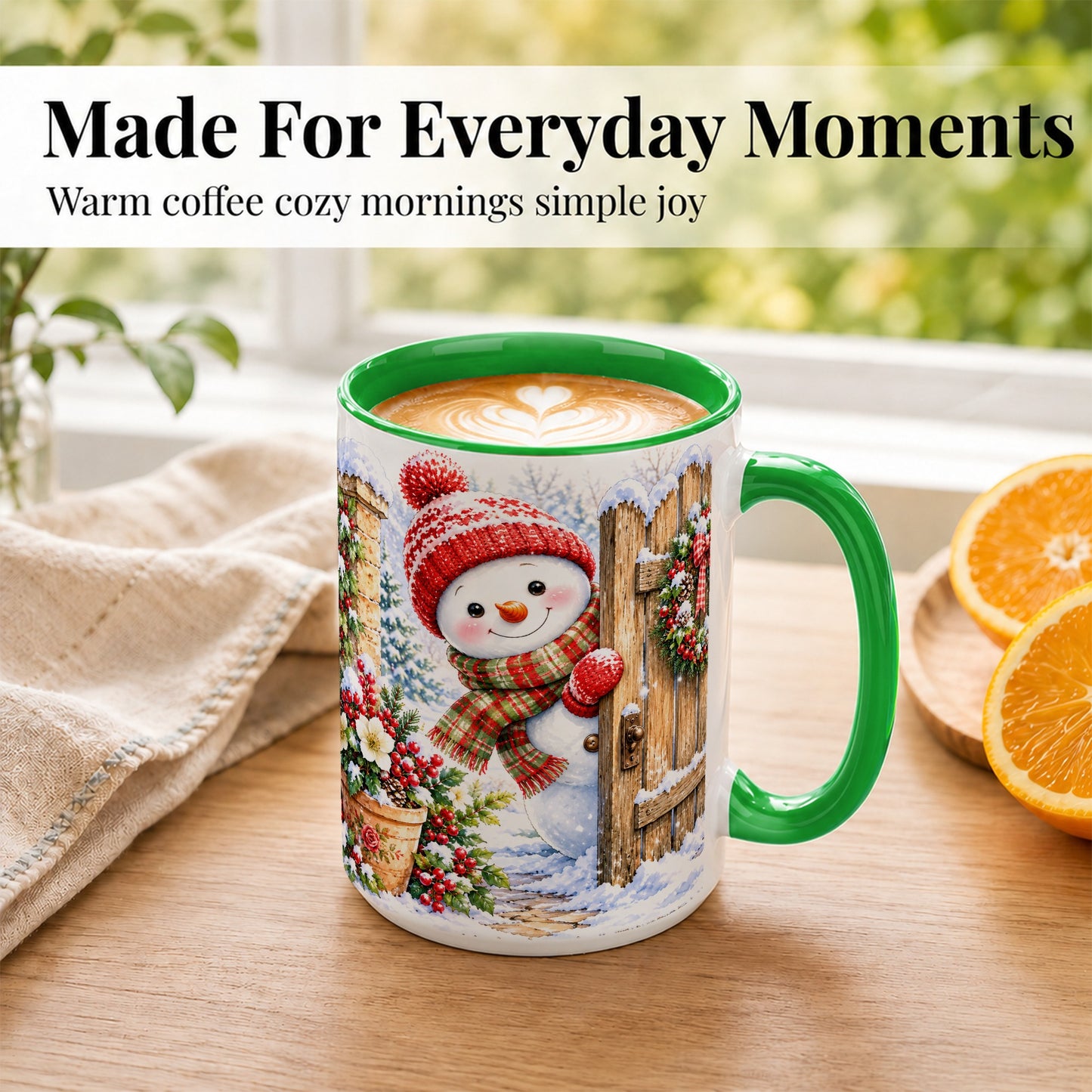 #pl[15oz|Green] Snowman Christmas Coffee Mug, Winter Garden Mug, Ceramic Cup